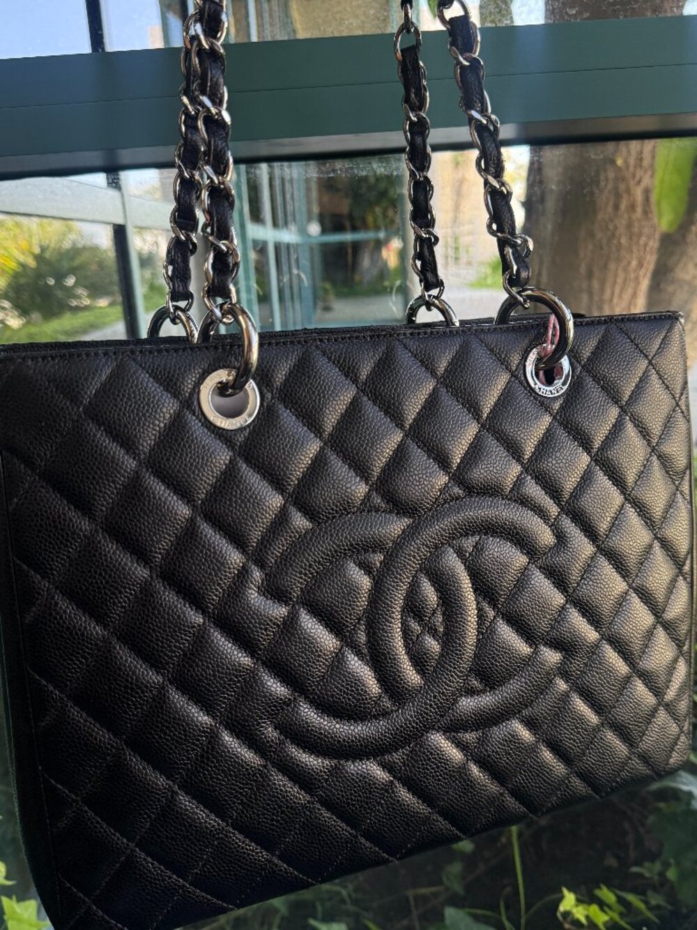 CHANEL GST Grand Shopping Tote Black Caviar Quilted Shoulder Bag Silver Hardware